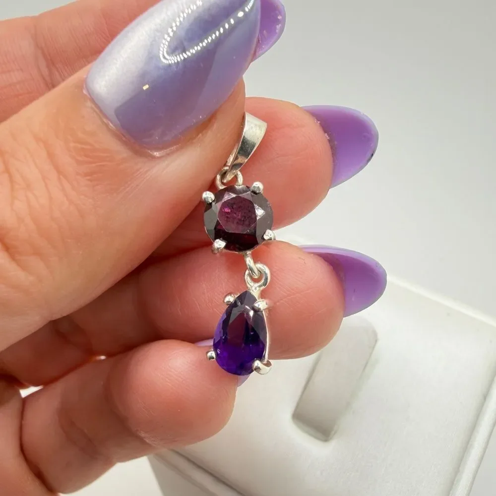 NWOT faceted‎ 7mm garnet and pear cut 8x5mm amethyst pendant in sterling silver!
